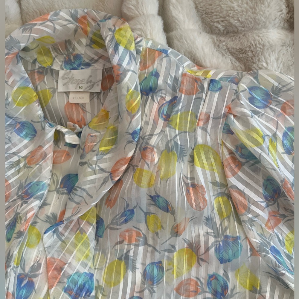 Vintage Shapely 14 White Sheer Tulip Pink Blue Pastel Easter Bow Soft Girl Top